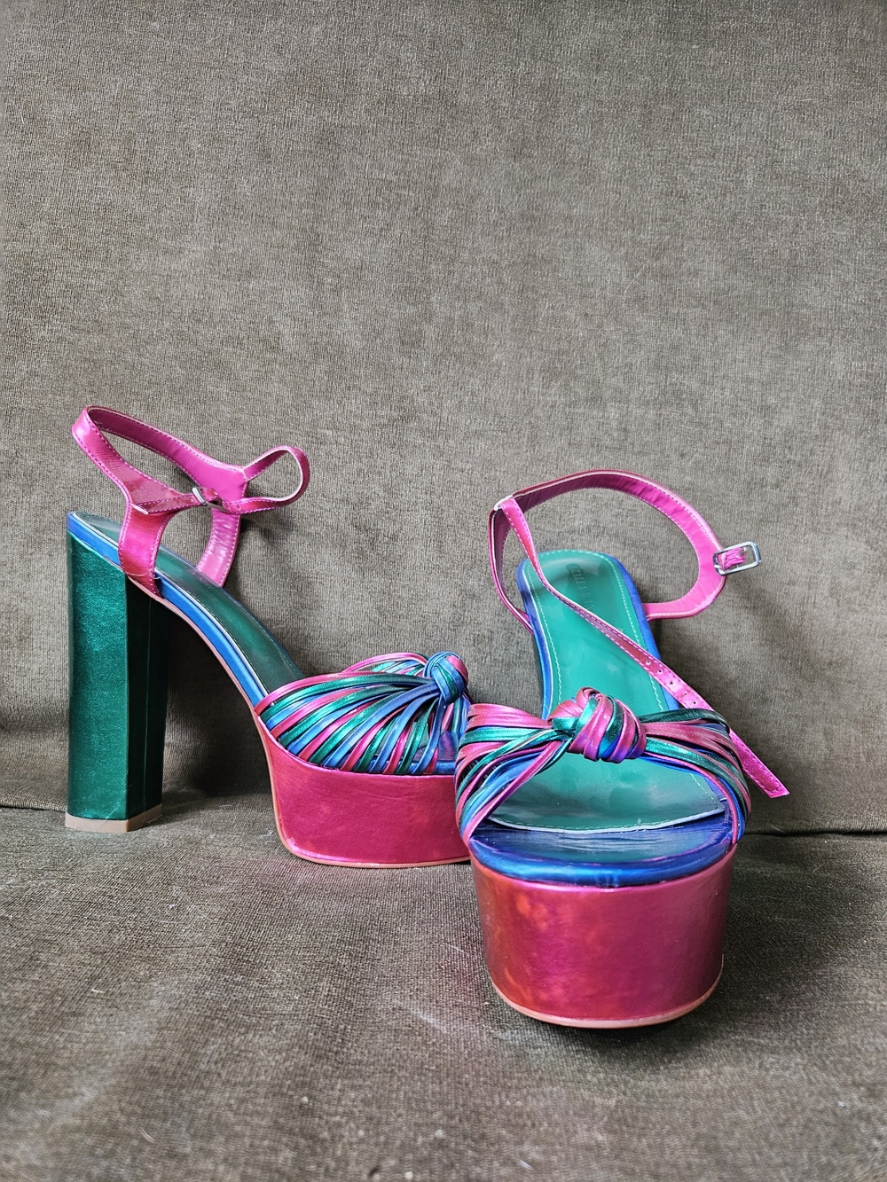 Pink/Jade Green/Blue Metallic Multi-Strap Platform High Heel Sandals